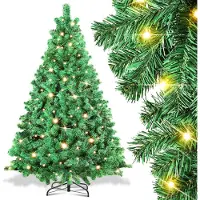 Vigevee 150cm Künstlicher Weihnachtsbaum mit LED-Beleuchtung 200 LEDs Warmweiß inkl. Metallfuß mit 550 Spitzen Christbaum Tannenbaum PVC Grün
