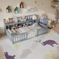 UnboxG Kinderbett 90x200 cm Massivholz , Montessori Bodenbett mit Bücherregal-Kopfteil, Sicherheitsgeländer und Lattenrost, Grau