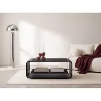 WFL GROUP Couchtisch 100 x 50 cm mit Schwebender Ablage in Schwarz – Moderner Wohnzimmertisch mit Abgerundetem Metallgestell in Schwarz & Versteckten Rollen – EU