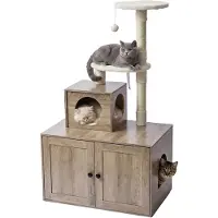 Relaxdays Kratzbaum mit Katzenkloschrank, HBT: 133x78x49 cm, Sisalstämme & Liegemulde, Holzoptik, Katzenturm, hellbraun