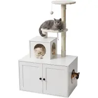 Relaxdays Kratzbaum mit Katzenkloschrank, HBT: 133x78x49 cm, Sisalstämme & Liegemulde, Holzoptik, Katzenturm,weiß