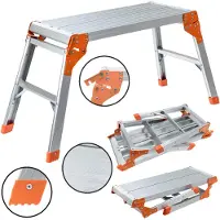 Craftfull Arbeitsplattform CF-107A | Arbeitsbühne - Klappbar - Anti-Rutsch - Aluminium - Mobil - Klappwerkbank - Podest - 150 kg (Silber/Orange)