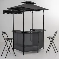 KOMFOTTEU Grillpavillon, 3-teiliger BBQ Pavillon mit Gartenbar & 2 faltbaren Barhockern, Gartenpavillon mit Doppeldach & Vordach, Grillunterstand mit Regal, 6 Haken & Glashalter für Garten