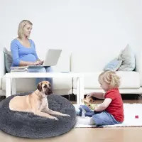 Vigevee Rundes Hundebett Katzenbett Ø 80 cm, Langplüsch, rutschfester Boden, Dunkelgrau