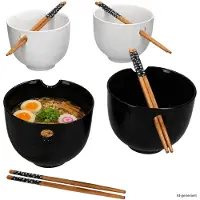 MamboCat 4er Set Soft Ramenschalen 500ml Schwarz & Weiß mit Essstäbchen Bowl Reis Suppe