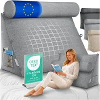 ELONEO Rückenkissen Grau 70 cm breit mit Verstellbarer und Abnehmbarer Nackenrolle, Keilkissen für Bett und Sofa geeignet, dreieckiges Lesekissen, Kissen mit waschbarem Bezug, praktisches Seitenfach