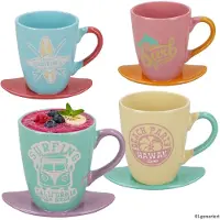 MamboCat 4er Set Surf Kaffeebecher Steingut mit Surfbrett 280ml bunt Sommer Tasse Eis-Tee