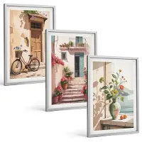 Tulup BILDER SET 3er Set - 40x60 cm Silberner Rahmen - Straßen, Blumen und Fahrräder
