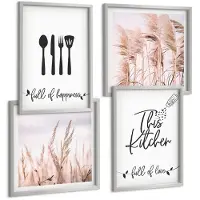 Tulup BILDER SET 4er Set - 50x50 cm & 40x60 cm Silberner Rahmen - Boho-Küchengras-Schriftzug