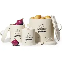 Theo&Cleo Kartoffel Vorratsdosen Set, Kartoffeltopf im Retro Design Zwiebeltopf, Großer Vorratsbehälter aus Metall, Küche Aufbewahrung, Kann Kartoffeln für eine Lange Zeit lagern (Beige)