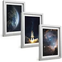 Tulup BILDER SET 3er Set - 20x30 cm Silberner Rahmen - Weltraum Erde Rakete Galaxie