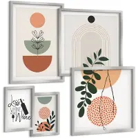 Tulup BILDER SET 5er Set - 50x50 cm & 20x30 cm & 40x60 cm Silberner Rahmen - Abstrakte Pflanzenformen