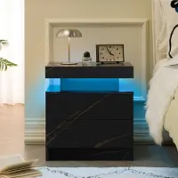 MODFU Nachttisch Holzwerkstoff Schwarz/Gold mit LED-Beleuchtung und 2 Schubladen