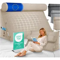 ELONEO Rückenkissen Sand 90 cm breit mit Verstellbarer und Abnehmbarer Nackenrolle, Keilkissen für Bett und Sofa geeignet, dreieckiges Lesekissen, Kissen mit waschbarem Bezug, praktisches Seitenfach