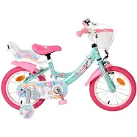 Volare Unicorn Kinderfahrrad 14 Zoll Grün mit zwei Handbremsen, Stützrädern, Einhorn- und Regenbogenmotiv