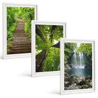 Tulup BILDER SET 3er Set - 40x60 cm Weißer Rahmen - Pfad Wald Wasserfall Vegetation