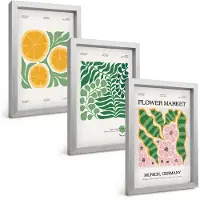 Tulup BILDER SET 3er Set - 20x30 cm Silberner Rahmen - Pastellfarbene Frucht- und Pflanzenmotive