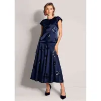 MADELEINE Kurzarmbluse "Bluse Satinbluse mit Paillettenmotiven", Damen, Gr. 34, blau (marine), Modern, tailliert, Rundhals, Blusen Kurzarmbluse