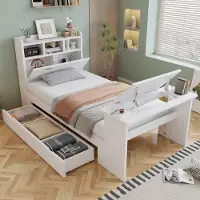 Flieks Jugendbett 90x200cm mit verstellbarem Klapptisch, Kinderbett Einzelbett mit Schublade, Klassisches Bett Holzbett mit Kopfteilregal, Weiß