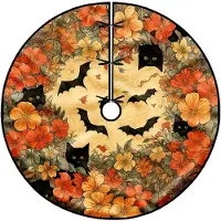 Markenlos Baumrock mit Fledermausmotiv für Halloween, schwarze Katzen und Blumen, orange, wiederverwendbar, aus Samt, gestrickt, für Innen- und Außenbereich, Festlichkeiten