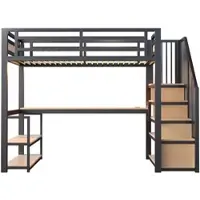 STILVORA Metall-Hochbett 90x200 cm mit LED-Lichtleiste und Steckdose, Hochbett mit Aufbewahrungsleiter, Regalen und Tisch, Eisenbett mit Sicherheitszaun-Design,Schwarz