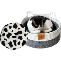 Markenlos Rundes Katzenbett aus Baumwollseil mit Matte, Haustierzubehör für Kätzchen, Welpen und kleine Hunde, für alle Jahreszeiten, als Spielzeug für Schlafzimmer und Wohnzimmer