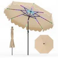 Costway Sonnenschirm 270cm mit bunter LEDs, 12 Beleuchtungsmodi, Gartenschirm beidseitig um 30° knickbar, Terrassenschirm mit Kurbel & Volant Beige