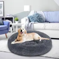Peviasot Hundebett 100 cm Dunkelgrau, weiches rundes Haustierbett aus Langplüsch mit hohem Rand und Antirutschboden