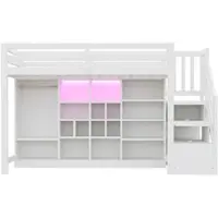 STILVORA Hochbett 90x200 cm mit Stauraumschränken und mehreren Fächern, Kinderbett mit Kleiderschrank und LED-Beleuchtung, Etagenbett Weiß mit Seitenleiter und Stauraum