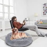 Peviasot Rundes Hundebett Katzenbett Ø 80 cm, Langplüsch, rutschfester Boden, Hellgrau