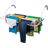 Relaxdays Wäscheständer Heizung, 10 m Trockenlänge, zum Einhängen, Balkon & Heizkörper, Stahl, Wäschehalter, weiß/blau