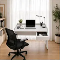 THE WHITE STONE Büro - DER WEISSE STEIN - Modell 90x60x80 cm - Mattweiß - Tischplatte mit Beton-Effekt - 1 Metallschublade