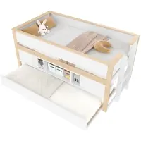 XTEILC Halbhohes Bett, 90x200cm, Bett mit ausziehbarem Bett,Kinderbett, Etagenbett, Mehrere Ablagefächer, ohne Matratze, Weiß + Natur