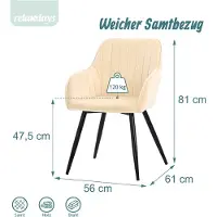 Relaxdays Esszimmerstuhl, 2er Set, Samt, Metallbeine, Armlehne, Esszimmer & Küche, gepolsterter Küchenstuhl, beige