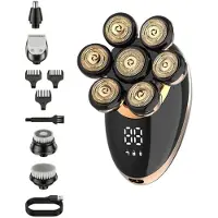 Xkiss Glatzen Rasierer(Golden)5 in 1 Kopfrasierer mit 7 Scherköpfen,Magnetisch, IPX6 Wasserdicht, Nass & Trocken, LED Display, Typ-C, 60 Min