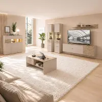 Lomadox Wohnzimmer Set in Beige mit Eiche, inkl. Beleuchtung, Highboard & 2 Vitrinen & 2 Lowboards & Wandboard & Couchtisch, 7-teilig - ISCHIA-36