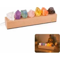 Dopwii Edelstein Nachttischlampe mit 7 natürlichen Kristallen, USB LED Licht, 3 Modi, Holzsockel, dekorative Stimmungslampe für Schlafzimmer & Entspannung