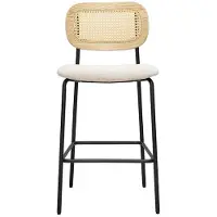 Miliboo - Design-Barhocker aus Stoff mit strukturiertem Samteffekt, beige, schwarzes Metall und Rattangeflecht (2er-Set) MIRANDA