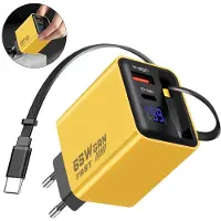 Dopwii 65W GaN Ladegerät 3-in-1 USB-C gelb – Einziehbares Kabel 65cm, USB-C + USB-A | Für MacBook, iPhone, Galaxy, Switch