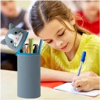 Markenlos Silikon Federmäppchen mit Tierdesign - Süßes 2-in-1 Schulmäppchen aus weichem Silikon | Federmappe & Stiftehalter | Schlampermäppchen für Schule, Büro (Blaue Katze)