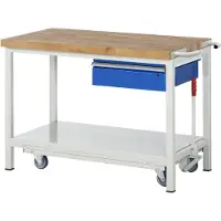RAU Werkbank Serie 8001, fahrbar, absenkbar, Schublade, B 1250 x T 700 x H 880 mm