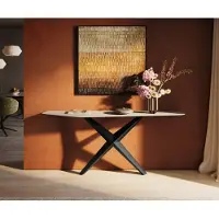 DELIFE Konsolentisch Edge Polygonal 180x50 cm Keramik Laminam Travertino Bianco Creme-Weiß Zentharo Metall Schwarz