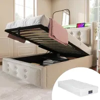 Youjia Polsterbett 90x200, Einzelbett mit Led-Kopfteil und USB C Ladefunktion, Hydraulisches Bett mit Lattenrost aus Holz und Metallrahmen