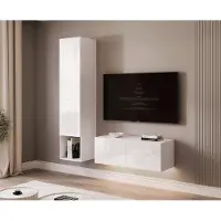 Idohome Hängende Wohnwand ANGEL LINE V mit LED-Beleuchtung Weiß Hochglanz