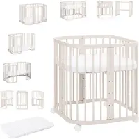 Waldin Mobiles Babybett aus Holz 7in1 mit Matratze, mitwachsend,Ohne Stoffset,Holz Kaschmir