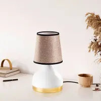 Opviq , Hochwertige Tischlampe, Metallkörper, Stoffschirm, 17 x 17 x 33 cm, Ø14 cm h:16 | E27 Fassung, max. 40 W, IP20 | Elegantes Design in Weiß und Hellbraun für modernes Wohnen.