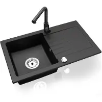 Faizee Home Granitspüle 75 x 44 cm Nachtschwarz – inklusive Armatur Side in Schwarz – eckige Einbauspüle aus Granit – beidseitig montierbar, kratzfest, hitzebeständig – modernes Spülbecken