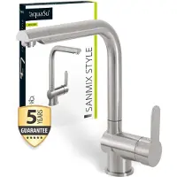 AquaSu 'Niederdruck Spültischarmatur Sanmix Style, für Boiler oder Warmwasseranschluss, hoher Auslauf, Keramikkartusche, leichte Schaftbefestigung, Messingkern, Edelstahl, 797818