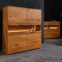 Riess Highboard GRAND 120cm braun massives Mangoholz LED-Beleuchtung 4 Türen Push-to-open