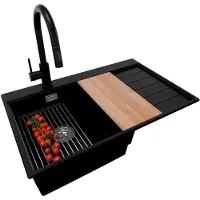 Markenlos Granitspüle Schwarz 78x50cm, Spülbecken 1 Becken + Küchenarmatur 40x20cm + Ablauf-Set, Küchenspüle ab 45er Unterschrank - Sydney Ergo S227